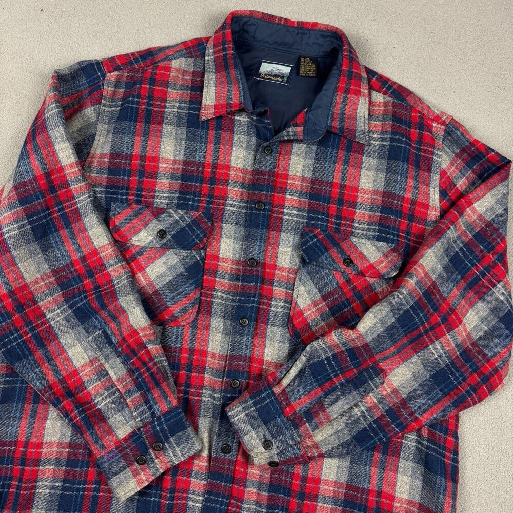 Vintage Fieldmaster Wool Blend Plaid Button Up Shirt Red Blue Mens XL